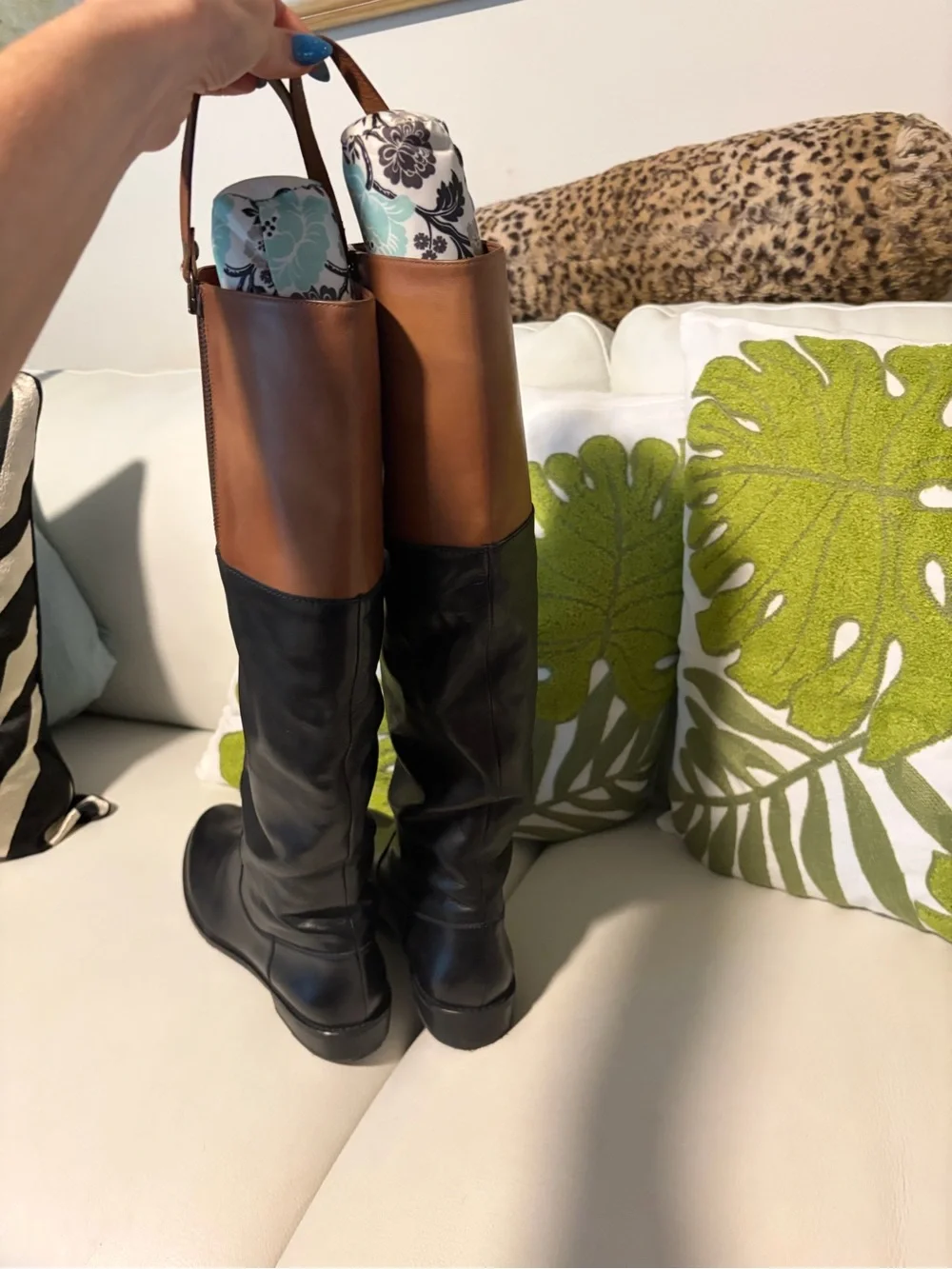 Stuart Weitzman Two-Tone Black and Brown Over-the-Knee Leather Boots